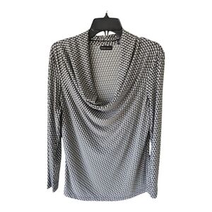 New York & Co Blouse Sz L Black White Cowl Neck Long Sleeves Chic Strecty